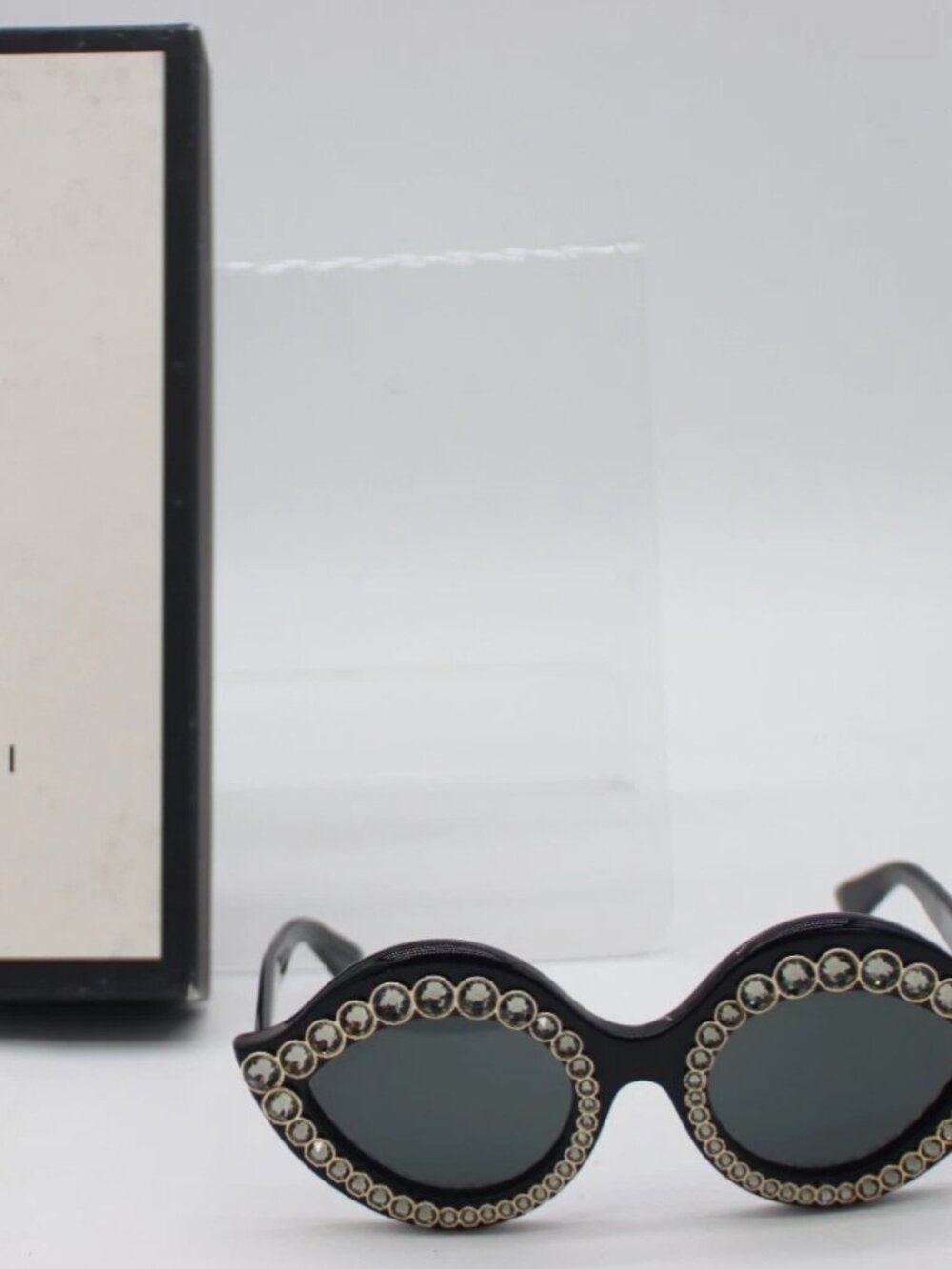 Gucci GG0045S Crystal Lips Stud Cat Eye Black Gold Crystal Sunglasses 53-25-140